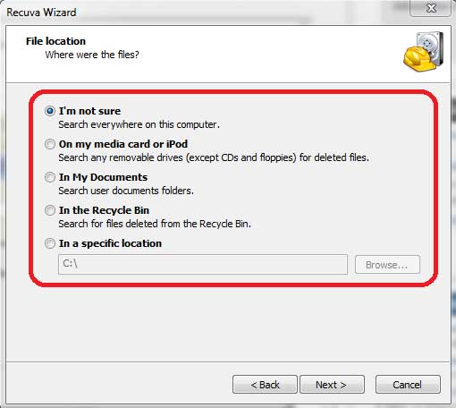 Recuva - Choose File Location